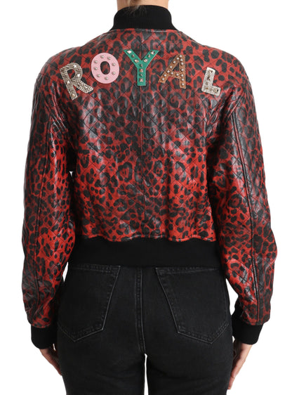 Dolce & Gabbana Red Leopard Bomber Leather Jacket with Crystal Buttons