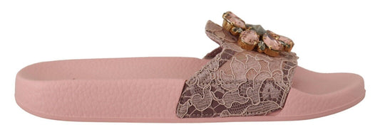 Dolce & Gabbana Floral Lace Crystal Embellished Slide Flats