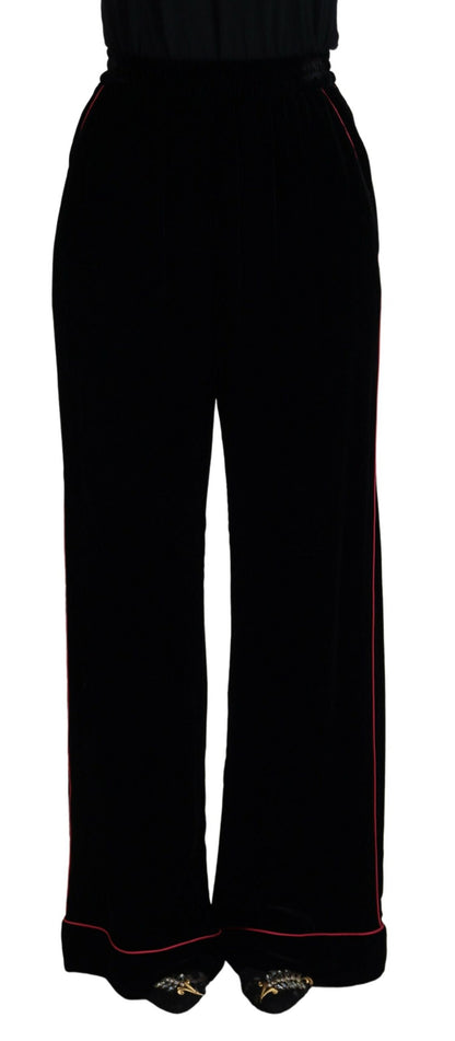 Dolce & Gabbana Sleek Black Velvet High-Waist Pants with Pink Stripes