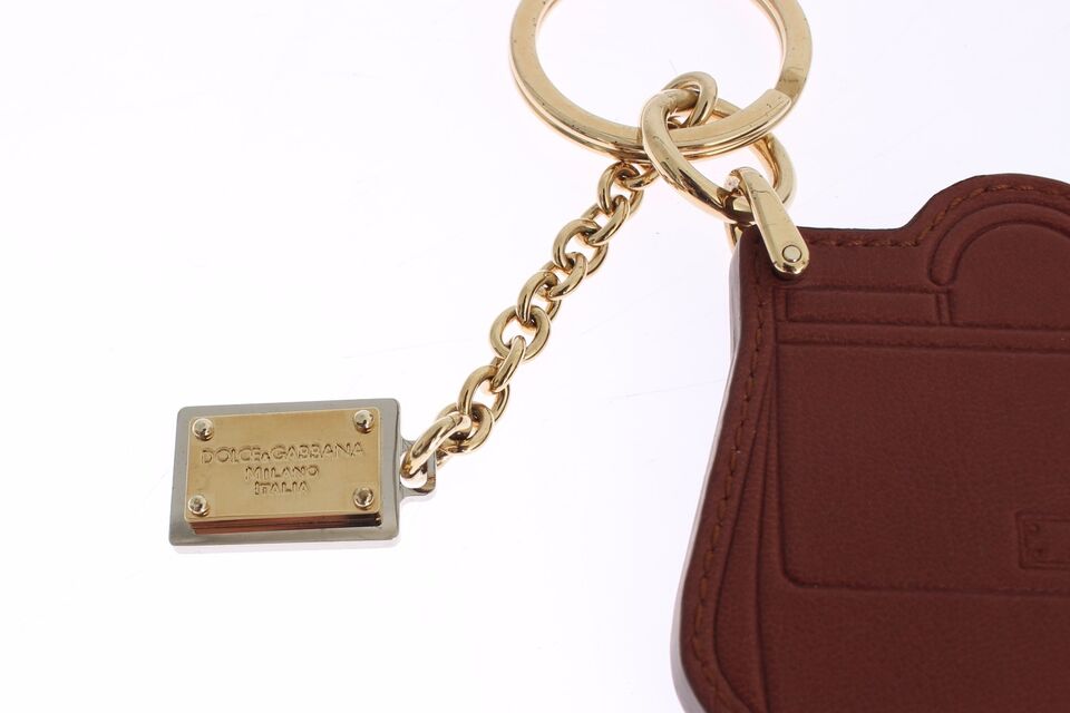 Dolce & Gabbana Elegant Brown Leather Keychain with Gold Detailing