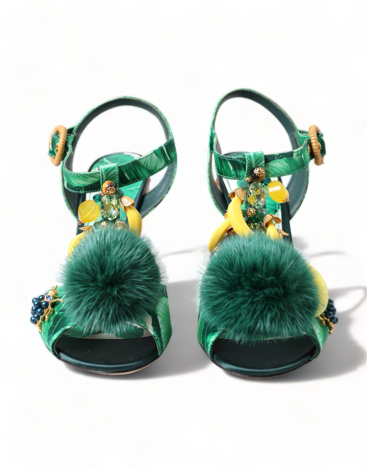 Dolce & Gabbana Green Crystal Mink Fur T-Strap Sandals