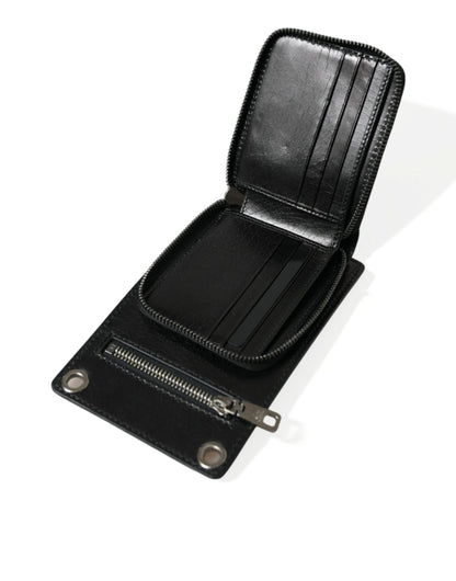 Dolce & Gabbana Black Calf Leather Zip Logo Shoulder Neck Strap Wallet