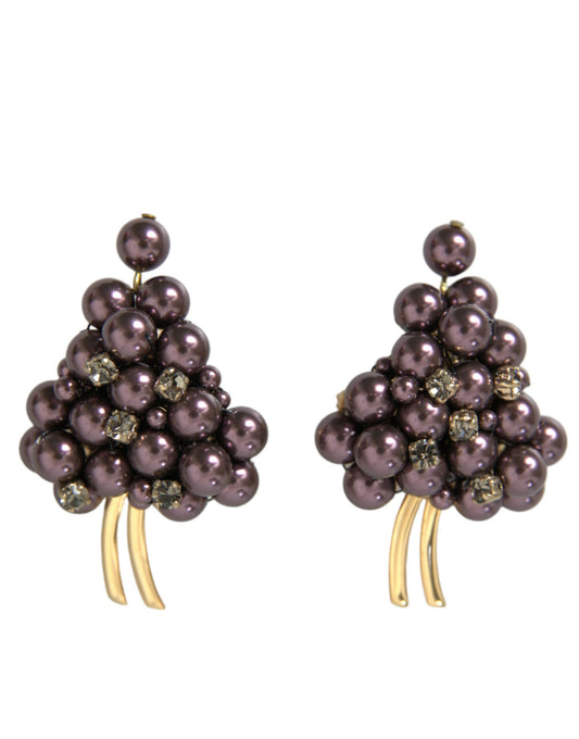 Dolce & Gabbana Purple Grape Pearl Sicily Gold Brass Floral Clip On Earrings