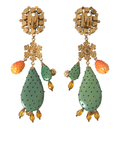 Dolce & Gabbana Green Cactus Crystal Clip On Jewelry Dangling Earrings