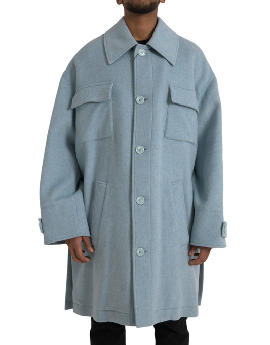 Dolce & Gabbana Light Blue Wool Button Trench Coat Jacket