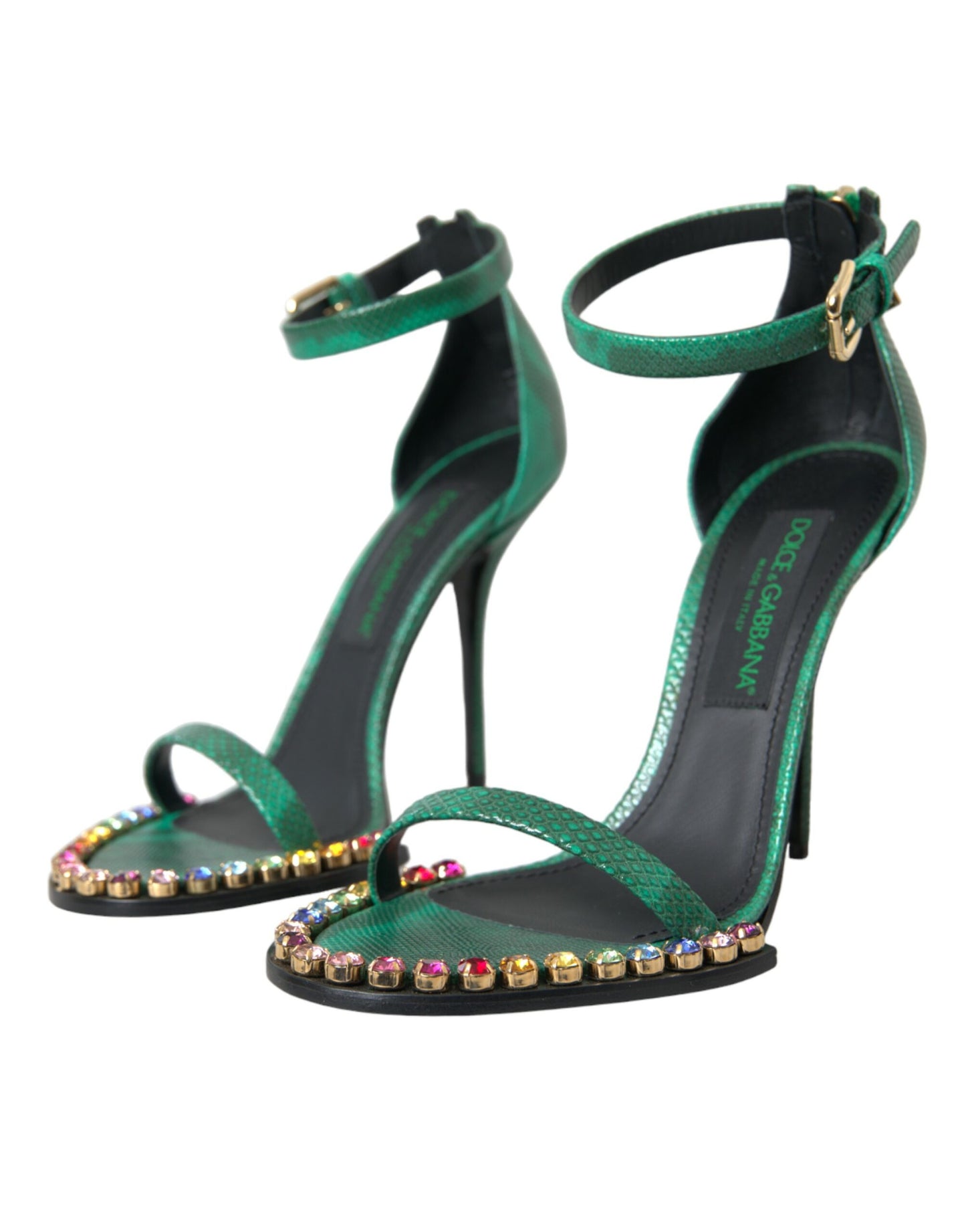 Dolce & Gabbana Green Exotic Leather Crystal Sandals Shoes