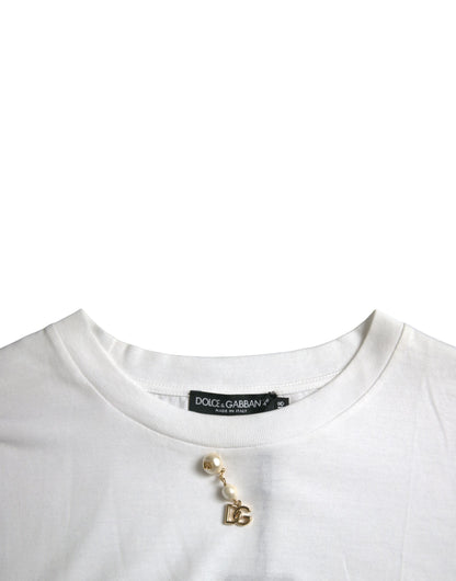 Dolce & Gabbana White Embellished Cotton Crew Neck T-shirt