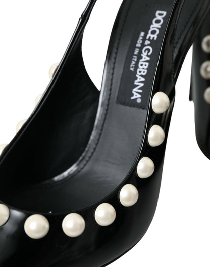 Dolce & Gabbana Black Leather Faux Pearl Heel Slingback Shoes