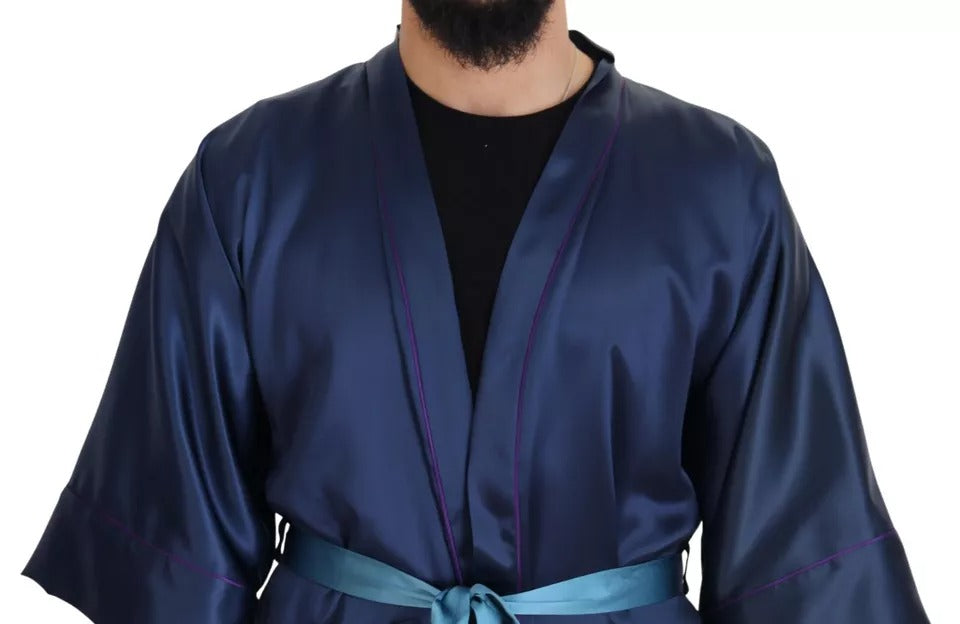 Dolce & Gabbana Blue Satin Silk Waist Belt Robe Jacket