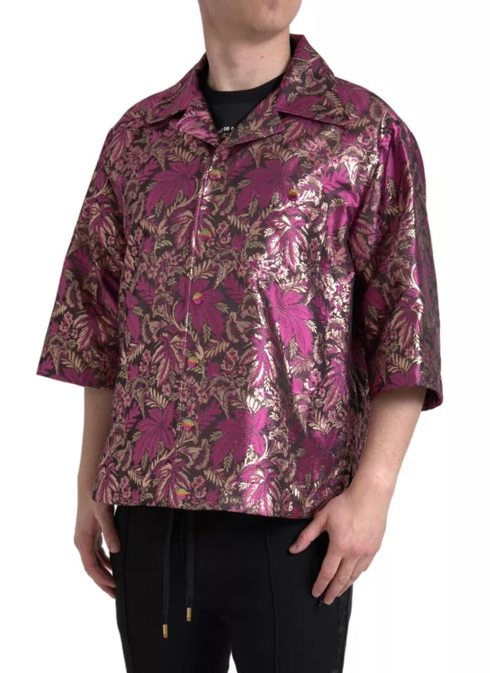 Dolce & Gabbana Fuchsia Pink Floral Jacquard Button Down Shirt