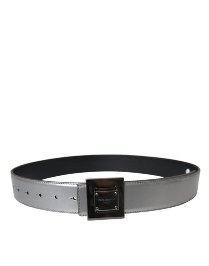 Dolce & Gabbana Silver Leather Square Metal Buckle Belt