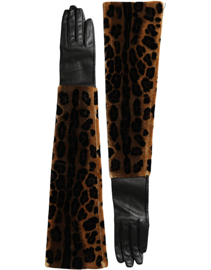 Dolce & Gabbana Brown Black Leopard Leather Elbow Length Gloves