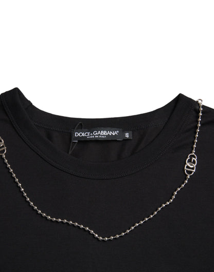 Dolce & Gabbana Black Cotton Silver Chain Short Sleeve T-shirt