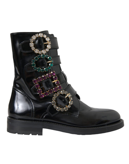 Dolce & Gabbana Black Leather Crystal Buckles Boots Shoes