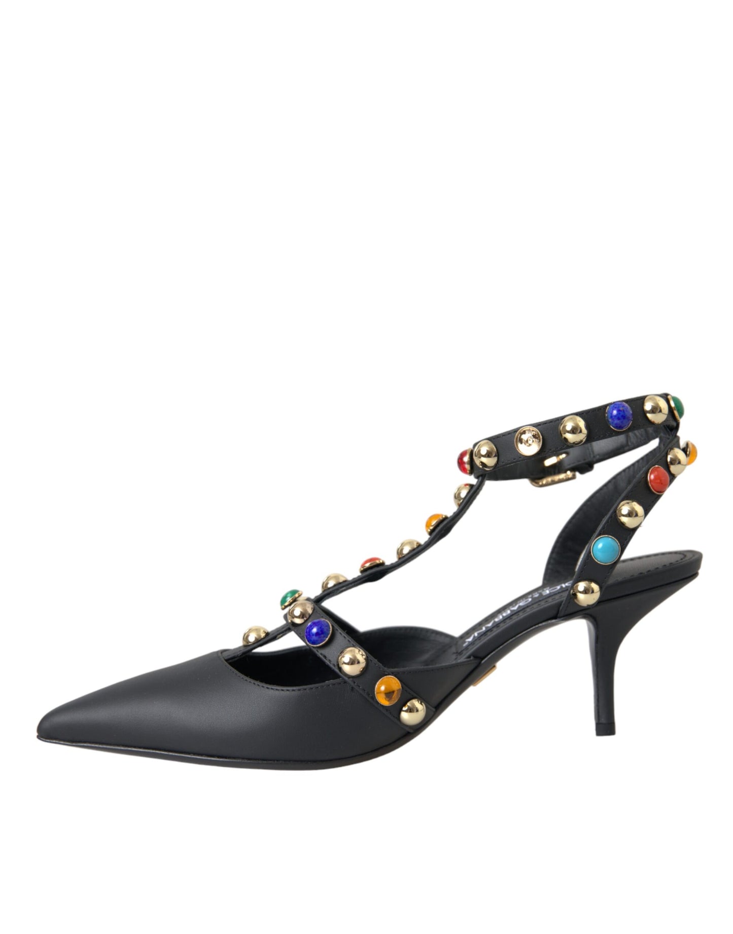 Dolce & Gabbana Black Leather Embellished Heels Sandal Shoes