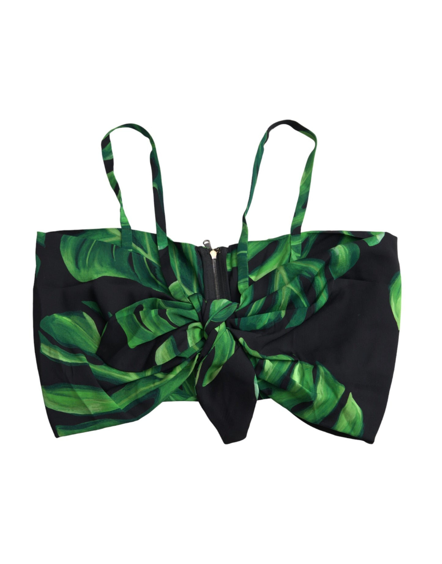 Dolce & Gabbana Black Green Leaf Silk Halter Cropped Top