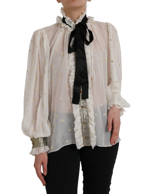 Dolce & Gabbana Off White Silk Blend Ascot Collar Blouse Top