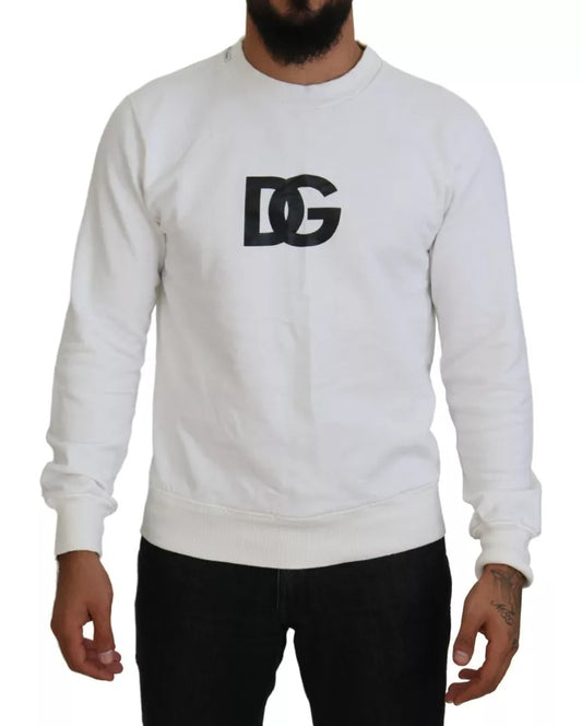 Dolce & Gabbana White Logo Cotton Crew Neck Pullover Sweater