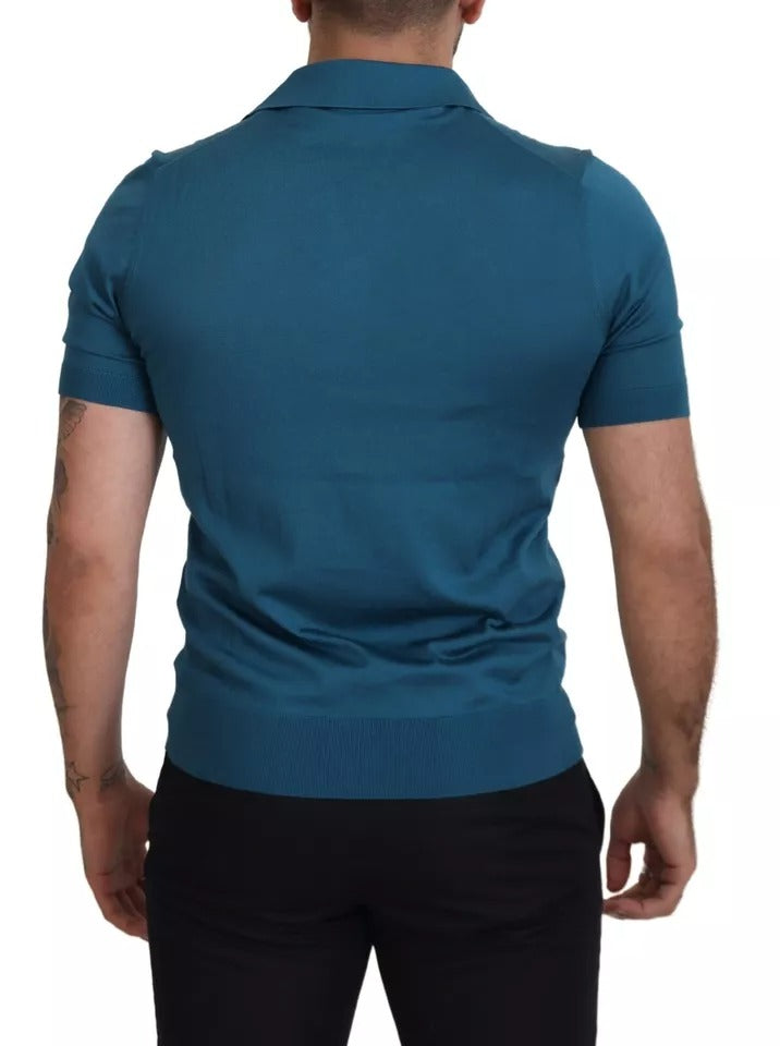 Dolce & Gabbana Blue Collared Short Sleeves Silk T-shirt