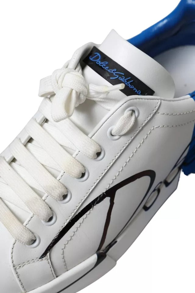 Dolce & Gabbana White Blue Leather Logo Low Top Sneakers Men Shoes