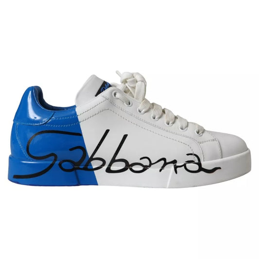 Dolce & Gabbana White Blue Leather Logo Low Top Sneakers Men Shoes