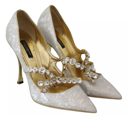 Dolce & Gabbana White Crystal Bow Pearl Mary Jane Pumps Shoes