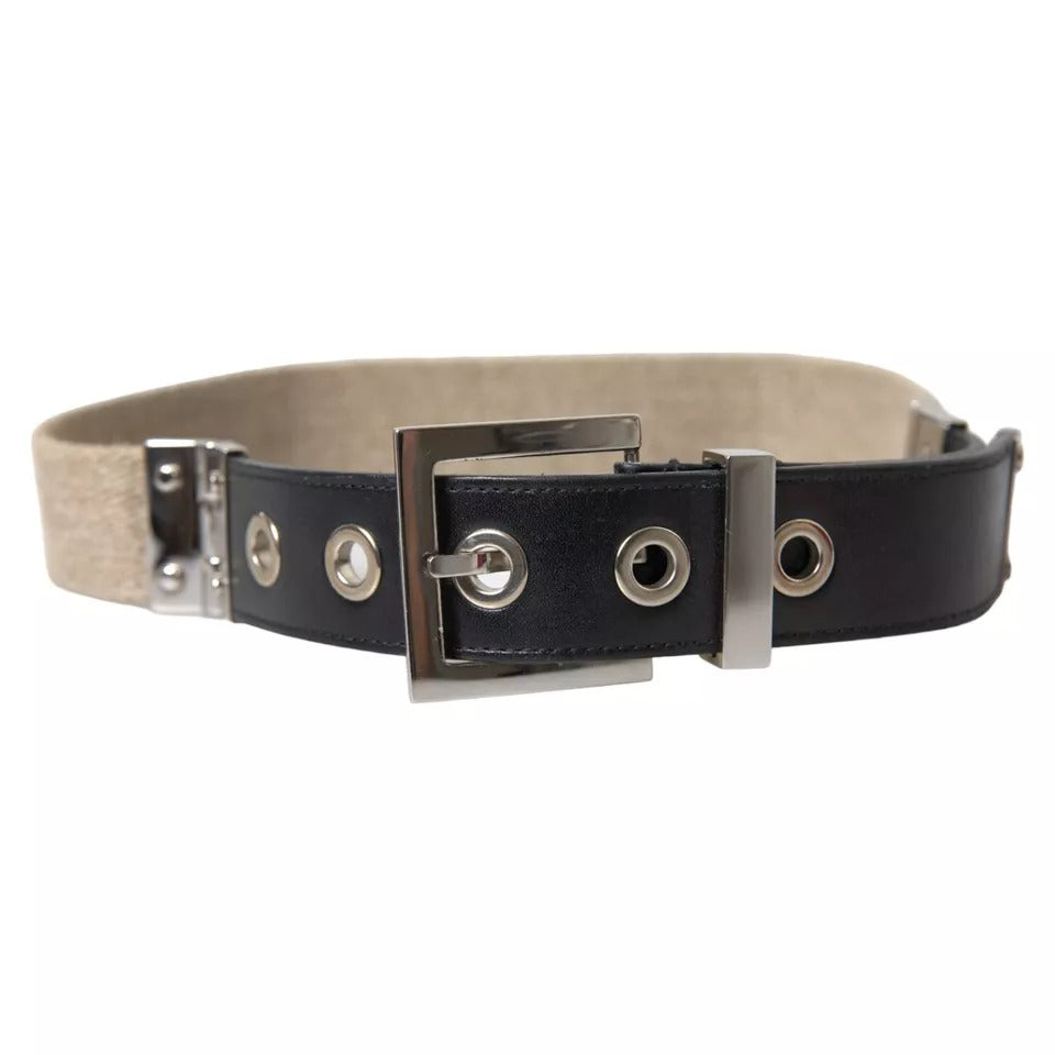 Dolce & Gabbana Black Leather Beige Strap Silver Metal Buckle Belt