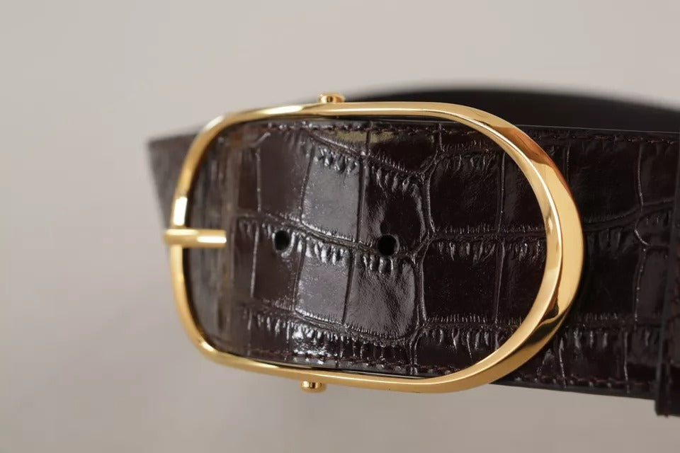 Dolce & Gabbana Brown Crocodile Pattern Leather Gold Oval Buckle Belt