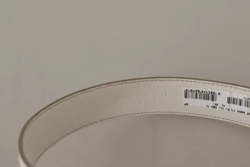 Dolce & Gabbana White Leather Gold Logo Engraved Metal Buckle Belt