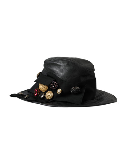 Dolce & Gabbana Black Leather DG Coin Crystal Wide Brim Hat