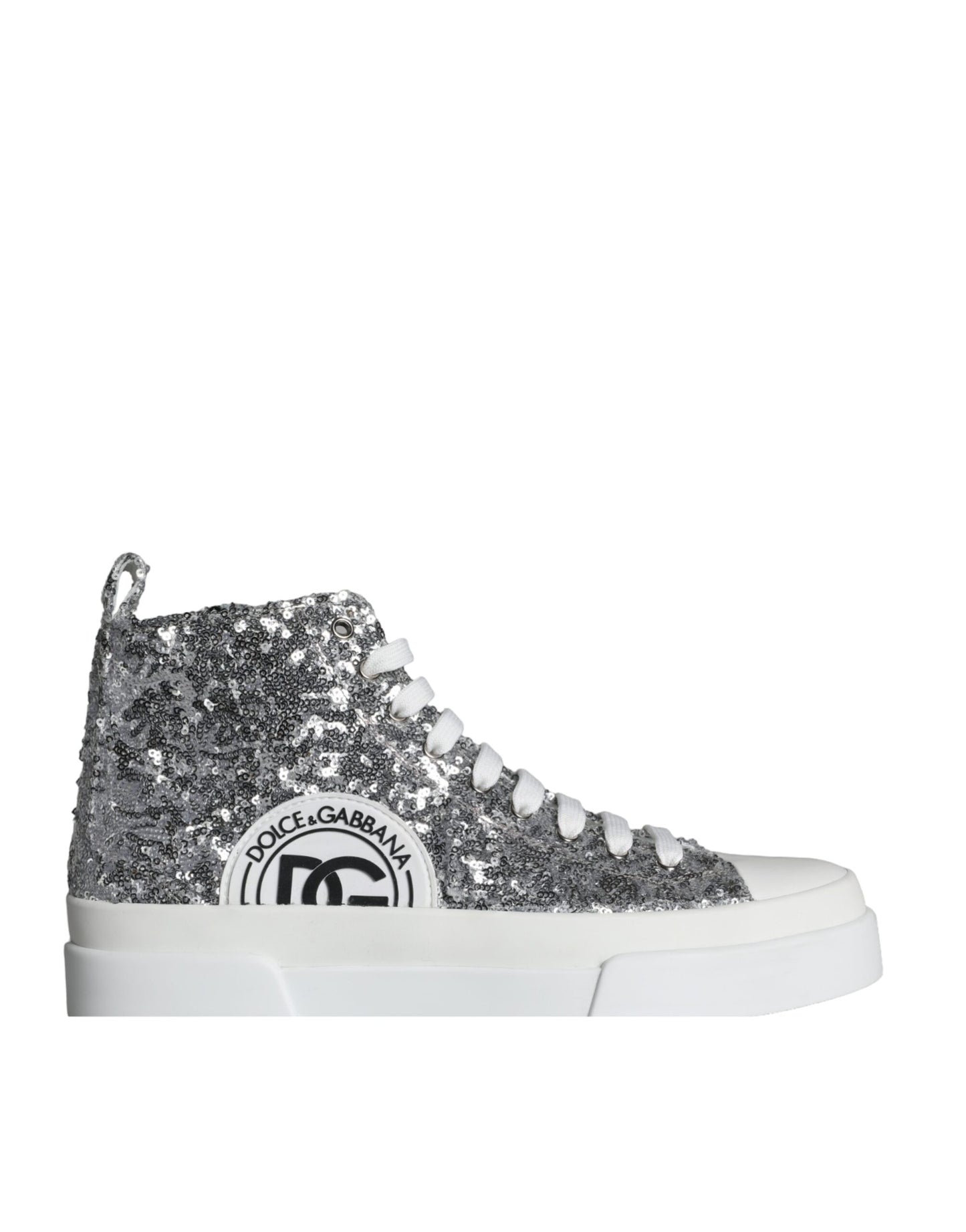 Dolce & Gabbana Silver White Sequined High Top Sneakers Shoes