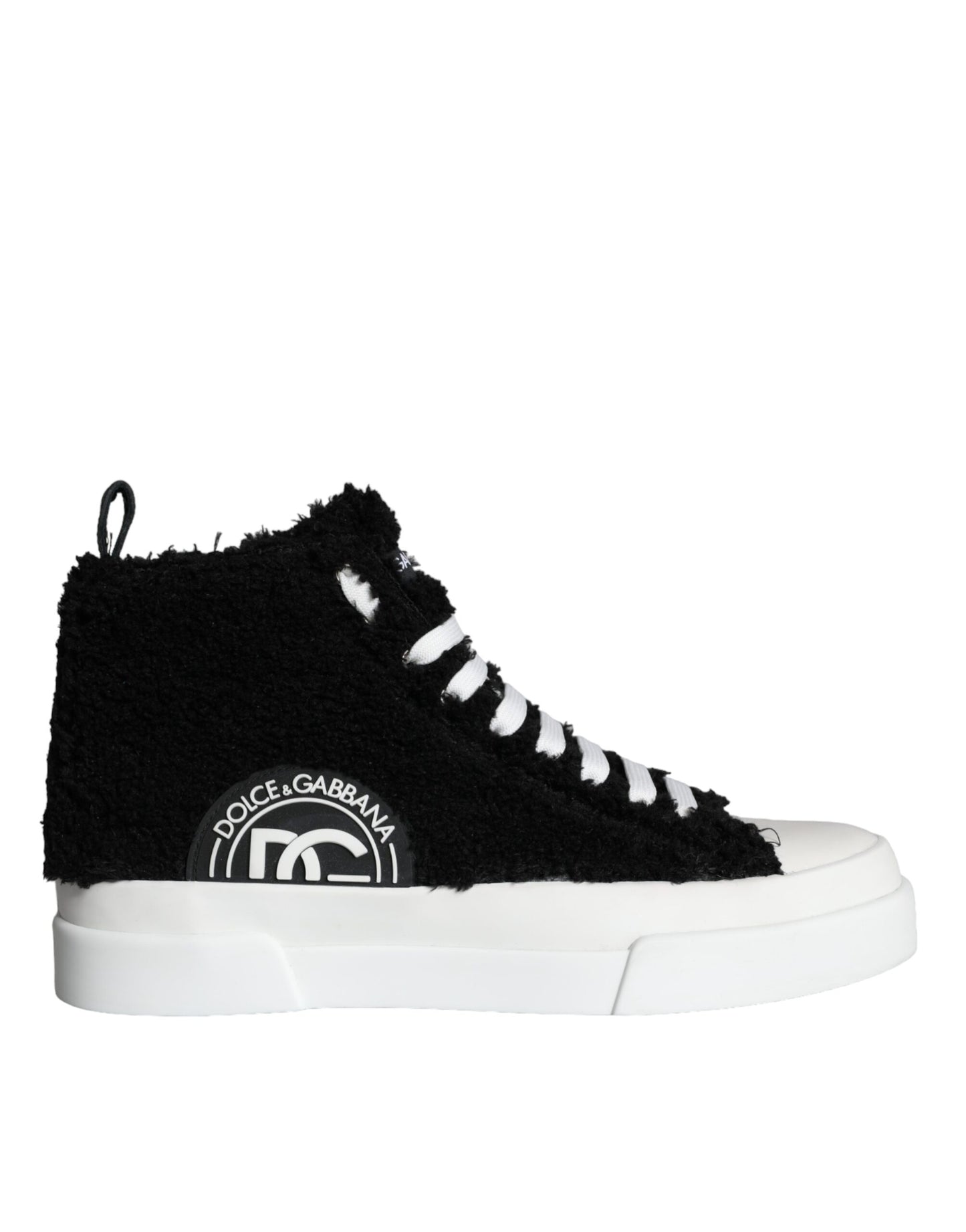 Dolce & Gabbana Black White Fur Logo High Top Sneaker Shoes