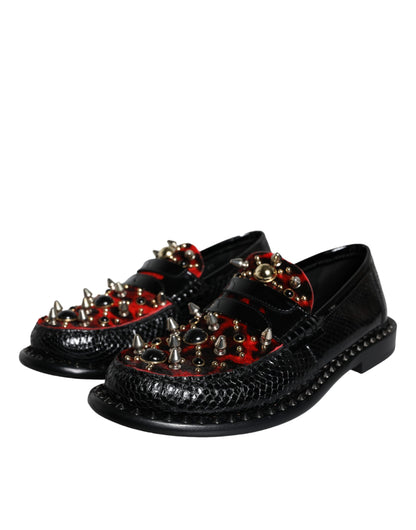 Dolce & Gabbana Black Leopard Print Studs Leather Loafers Shoes