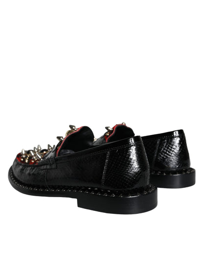 Dolce & Gabbana Black Leopard Print Studs Leather Loafers Shoes