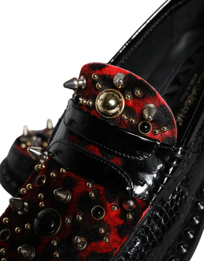 Dolce & Gabbana Black Leopard Print Studs Leather Loafers Shoes