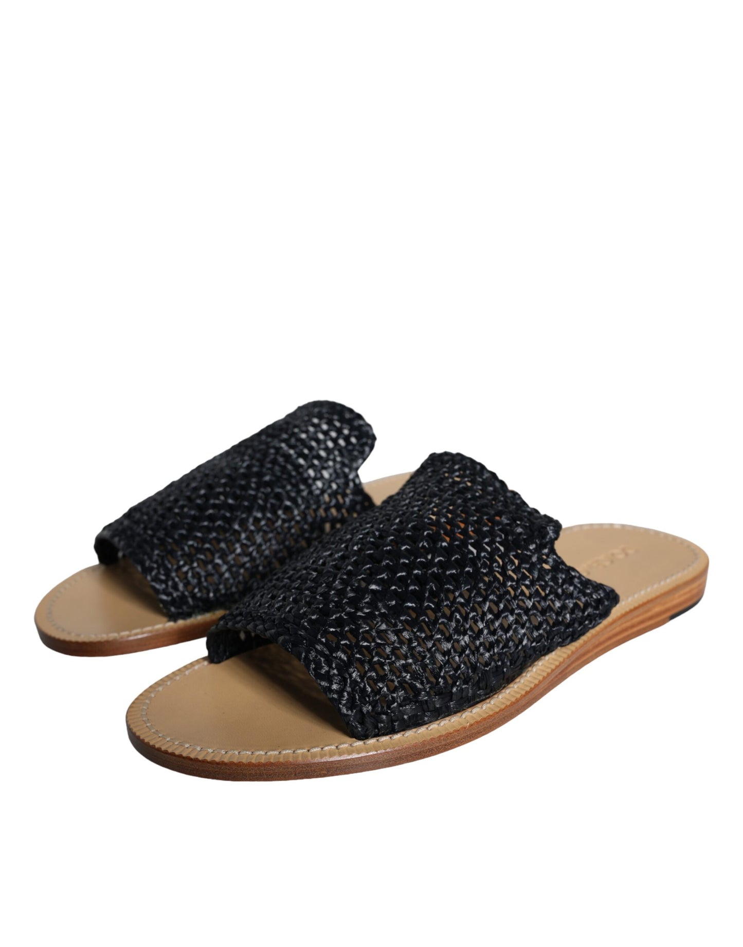 Dolce & Gabbana Black Monochrome Braided Raffia Slides Shoes