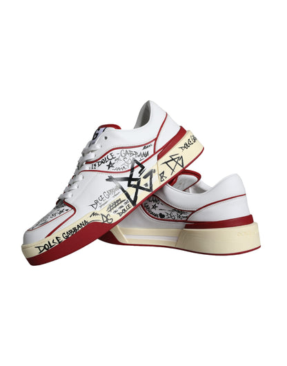 Dolce & Gabbana Red White Printed Leather Low Top Men Sneakers Shoes