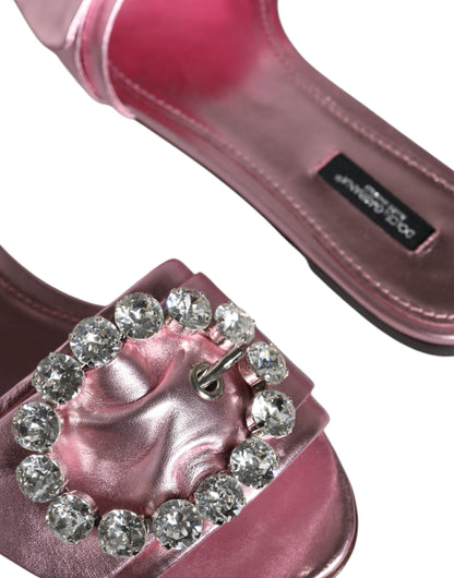 Dolce & Gabbana Metallic Pink Crystal Leather Flats Sandals Shoes