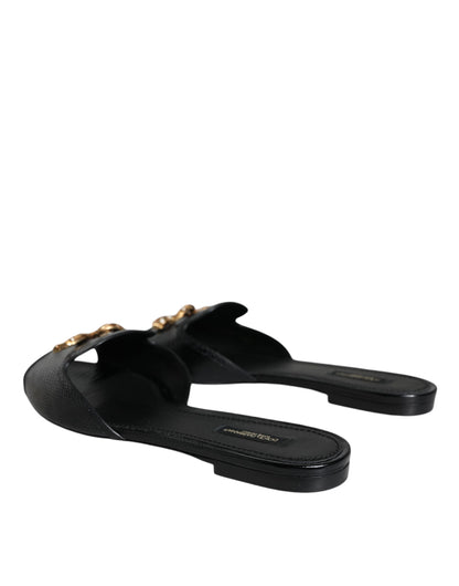 Dolce & Gabbana Black DG Amore Leather Slip On Flats Shoes