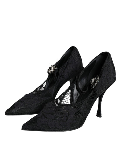 Dolce & Gabbana Black Mary Jane Pumps Lace Crystals Heels Shoes