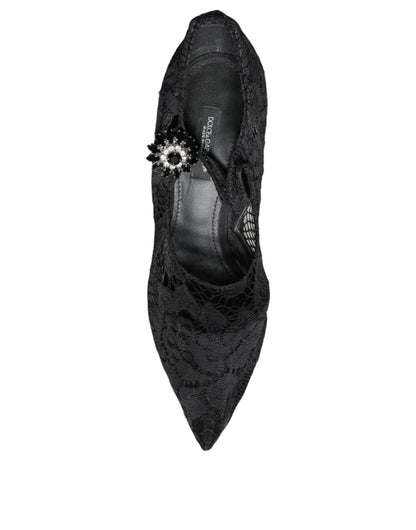 Dolce & Gabbana Black Mary Jane Pumps Lace Crystals Heels Shoes