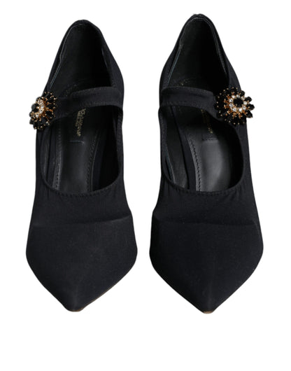 Dolce & Gabbana Black Mary Jane Jersey Crystal Pumps Shoes