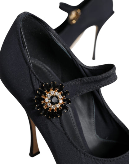 Dolce & Gabbana Black Mary Jane Jersey Crystal Pumps Shoes