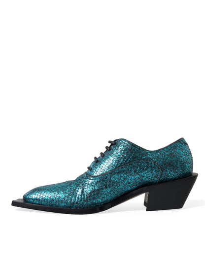 Dolce & Gabbana Blue Leather Derby Block Heels Dress Shoes