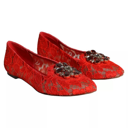 Dolce & Gabbana Red Lace Crystal Ballet Flats Loafers Shoes