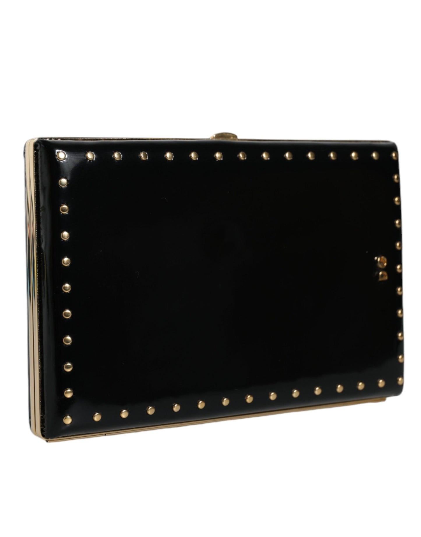 Dolce & Gabbana Black Leather Studs Gold Frame Clutch Evening Purse Bag