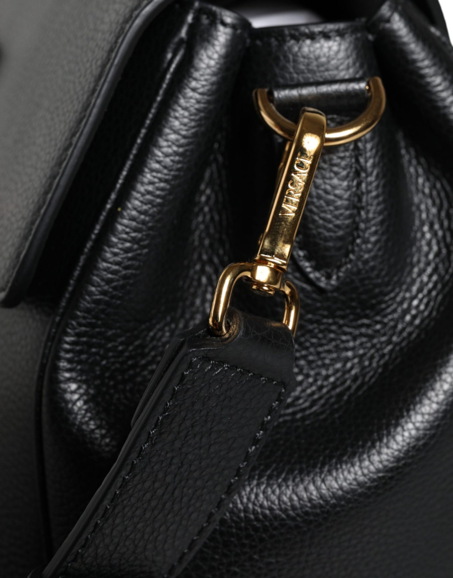 Versace Black Top Handle Grainy Calfskin Leather Crossbody Bag