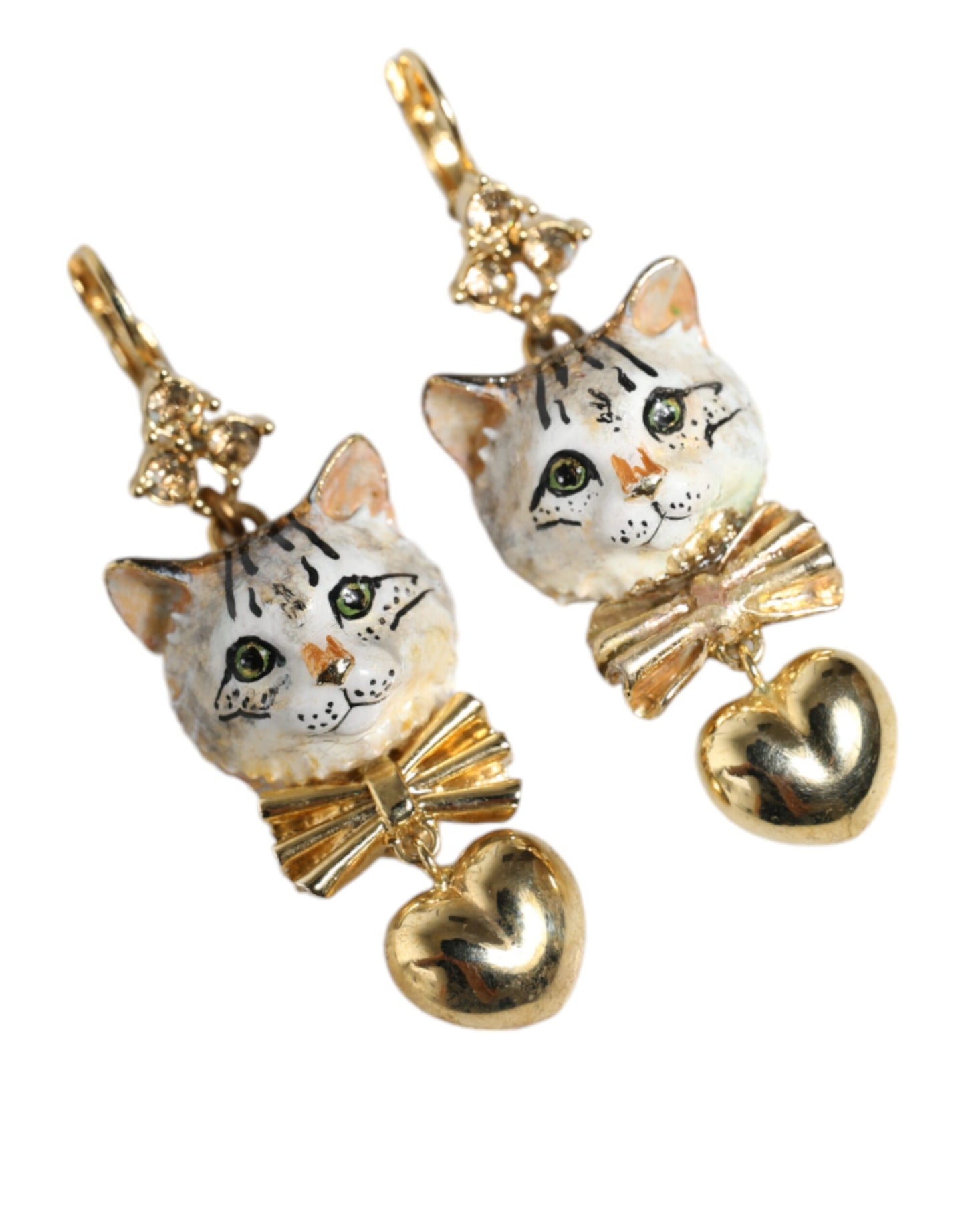 Dolce & Gabbana Gold Brass Heart Cat Crystal Pendant Clip Drop Earrings