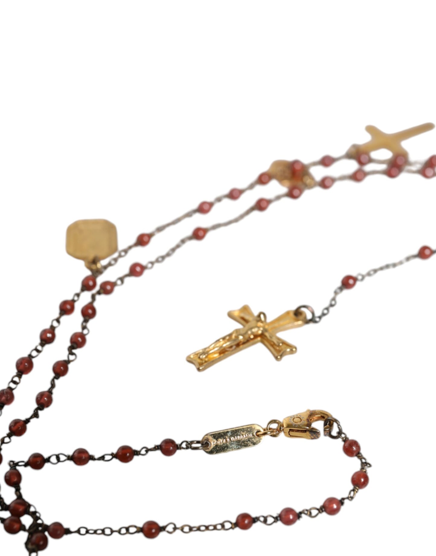 Dolce & Gabbana Gold Chain Brass Beaded Rosary Cross Pendant Necklace