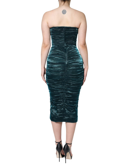 Dolce & Gabbana Green Silk Blend Satin Fitted Strapless Dress